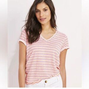 VINEYARD VINES Striped Linen V-Neck Tee Orange White Pink Womens Large